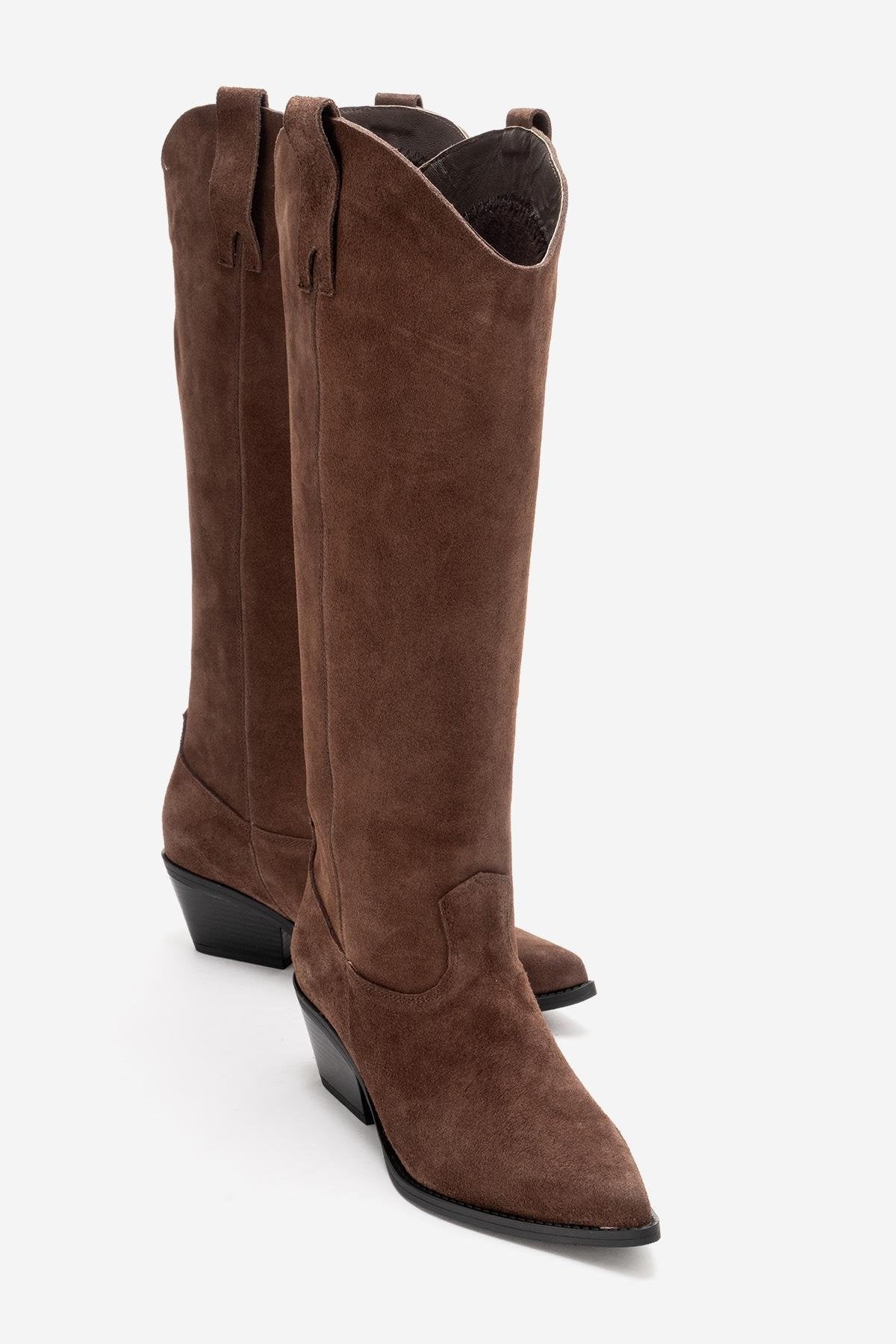 ANIA - Brown Genuine Suede Leather Block Heel Knee-High Boot (Women)