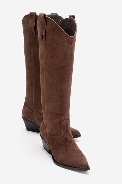 ANIA - Brown Genuine Suede Leather Block Heel Knee-High Boot (Women)