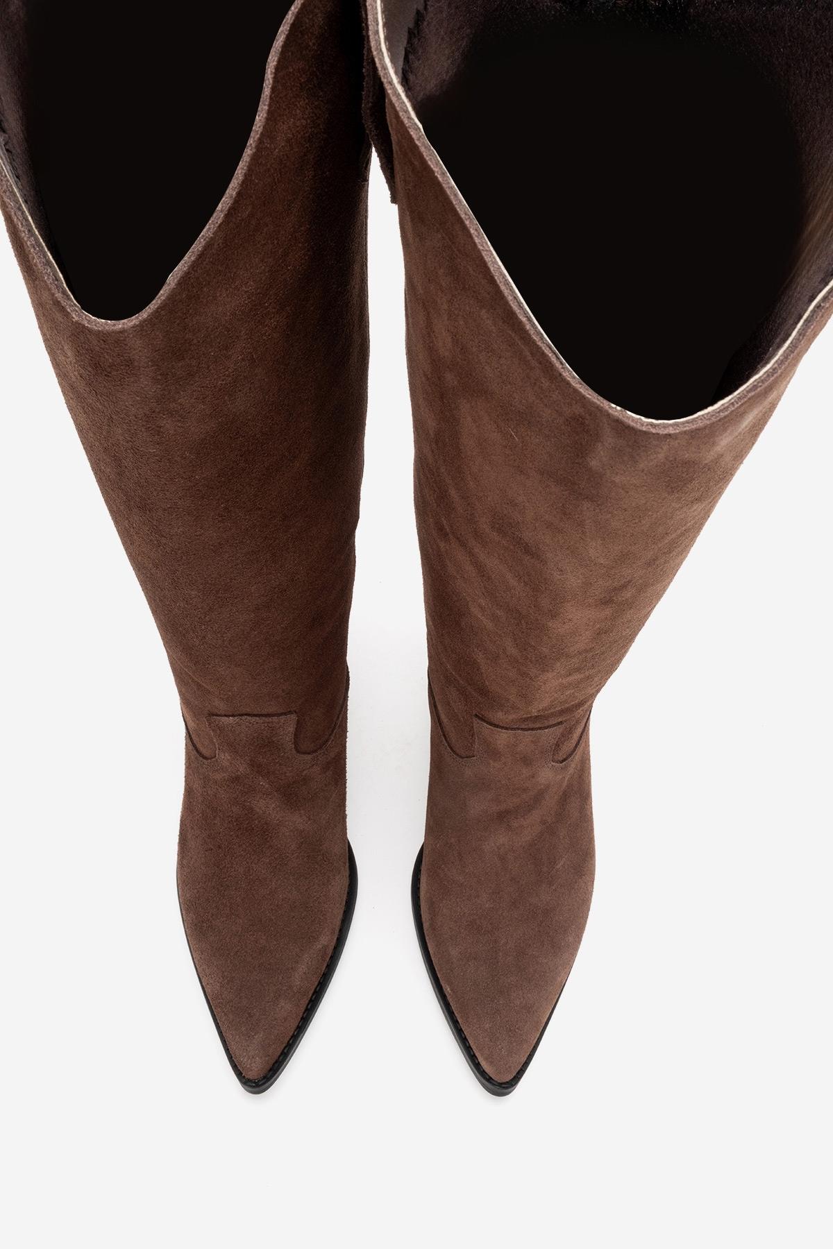 ANIA - Brown Genuine Suede Leather Block Heel Knee-High Boot (Women)