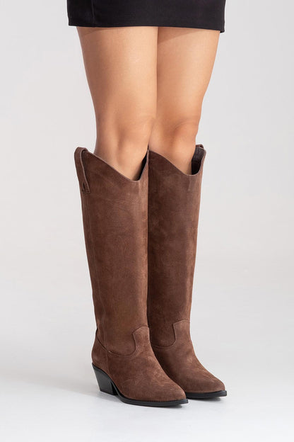 ANIA - Brown Genuine Suede Leather Block Heel Knee-High Boot (Women)