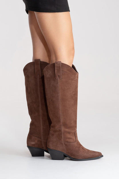 ANIA - Brown Genuine Suede Leather Block Heel Knee-High Boot (Women)