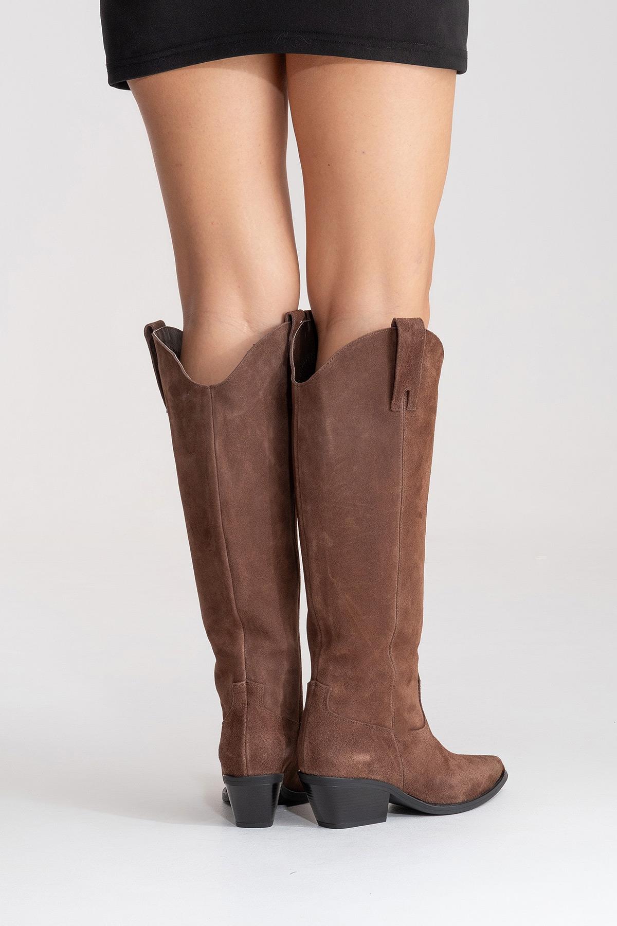 ANIA - Brown Genuine Suede Leather Block Heel Knee-High Boot (Women)
