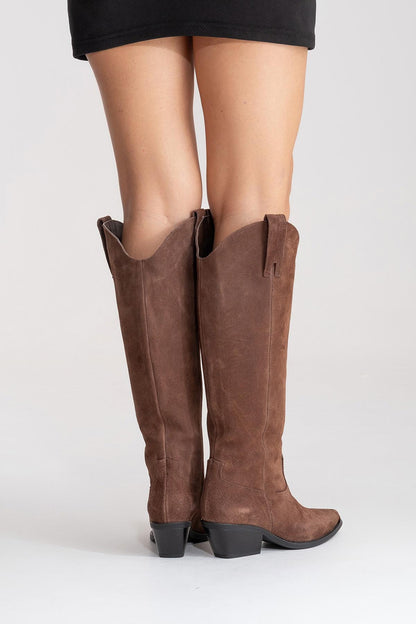 ANIA - Brown Genuine Suede Leather Block Heel Knee-High Boot (Women)