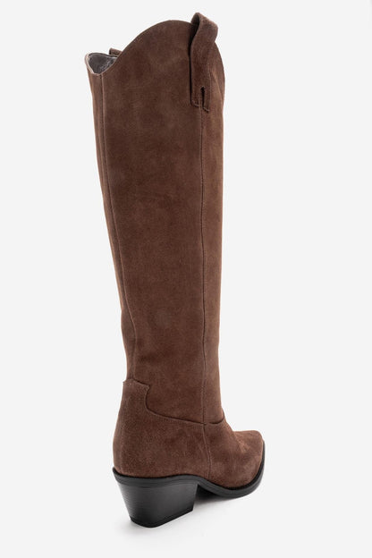 ANIA - Brown Genuine Suede Leather Block Heel Knee-High Boot (Women)