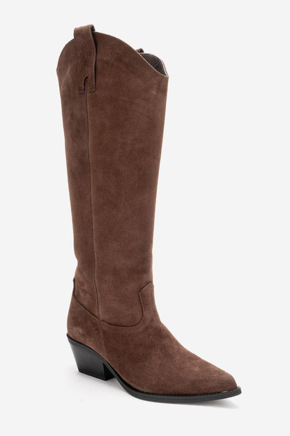 ANIA - Brown Genuine Suede Leather Block Heel Knee-High Boot (Women)