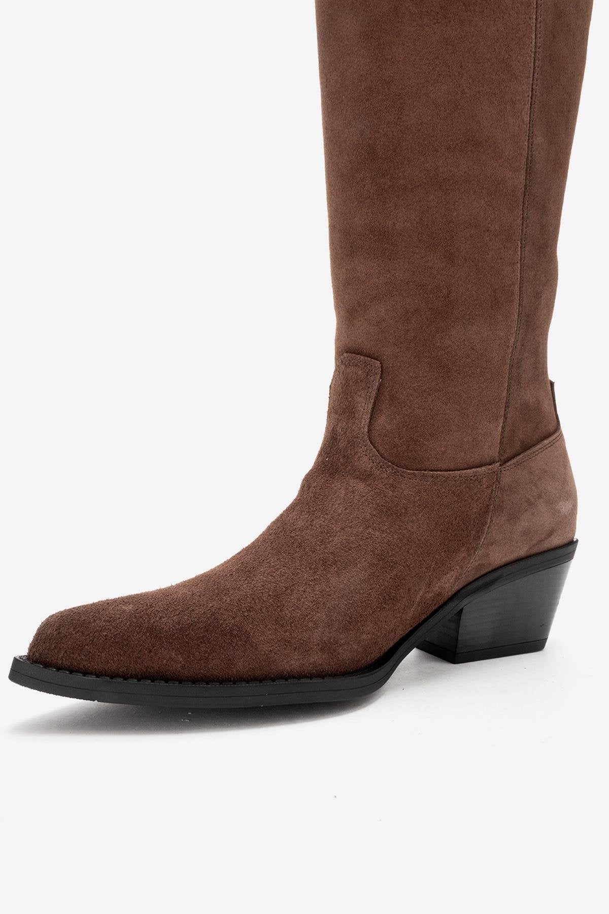 ANIA - Brown Genuine Suede Leather Block Heel Knee-High Boot (Women)