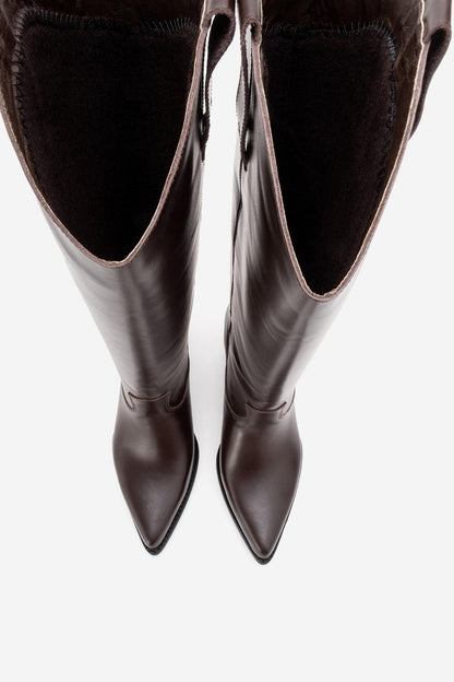 ANIA - Bota alta de tacón de bloque de cuero genuino marrón (Mujer)