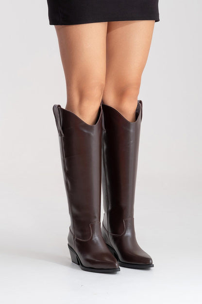ANIA - Bota alta de tacón de bloque de cuero genuino marrón (Mujer)