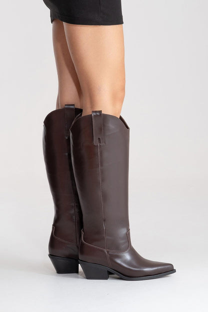 ANIA - Bota alta de tacón de bloque de cuero genuino marrón (Mujer)
