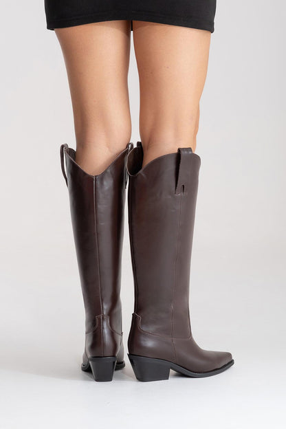 ANIA - Bota alta de tacón de bloque de cuero genuino marrón (Mujer)