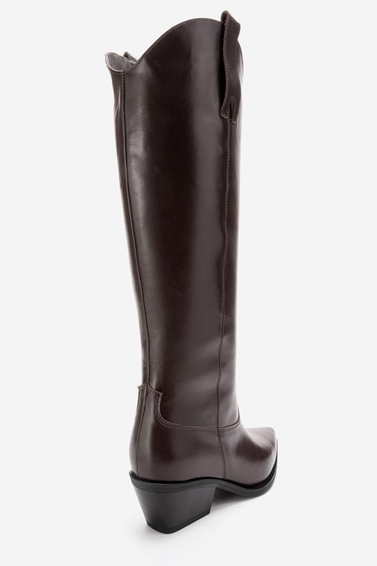 ANIA - Bota alta de tacón de bloque de cuero genuino marrón (Mujer)