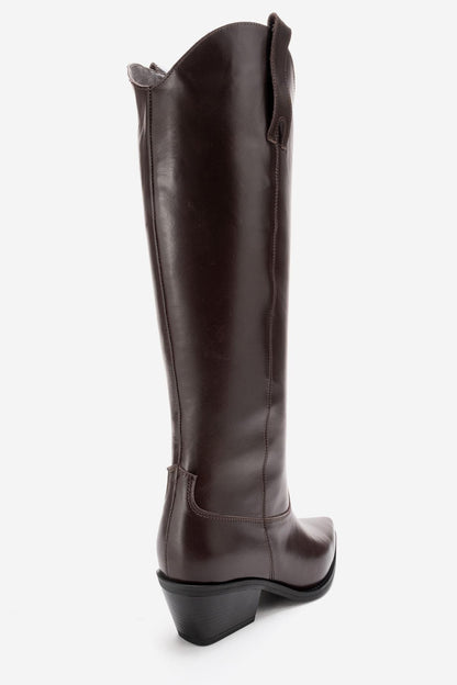 ANIA - Bota alta de tacón de bloque de cuero genuino marrón (Mujer)