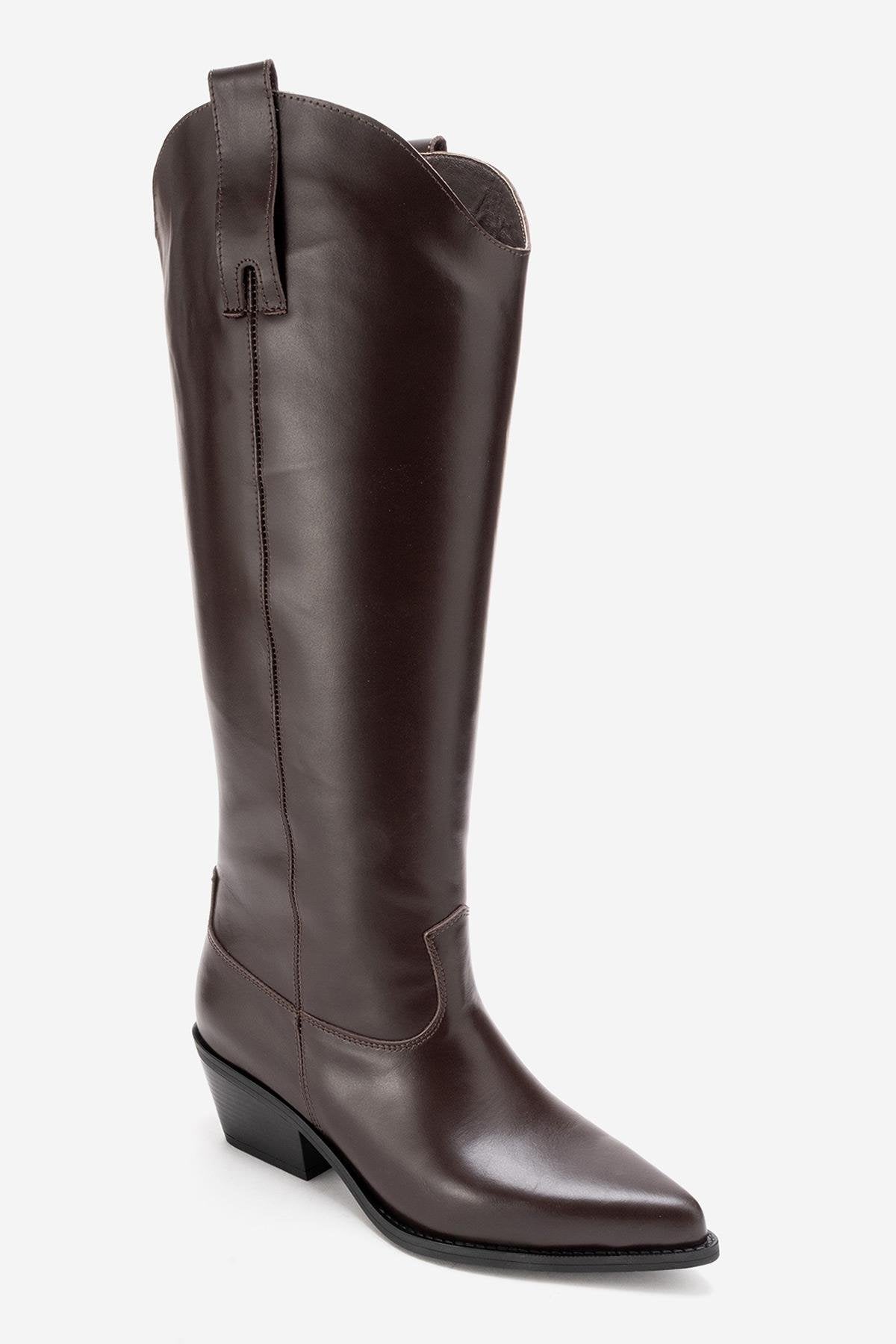 ANIA - Bota alta de tacón de bloque de cuero genuino marrón (Mujer)