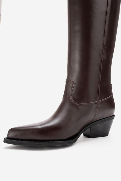 ANIA - Bota alta de tacón de bloque de cuero genuino marrón (Mujer)