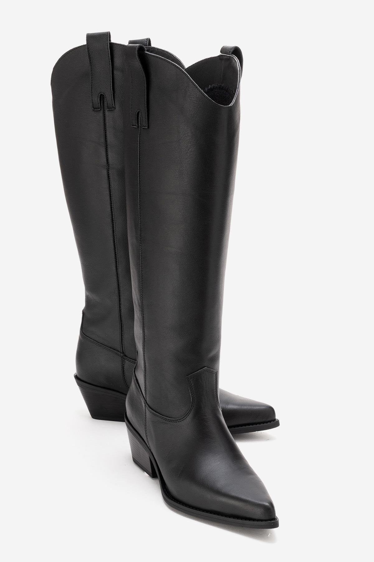 ANIA - Black Genuine Leather Block Heel Knee-High Boot (Women)