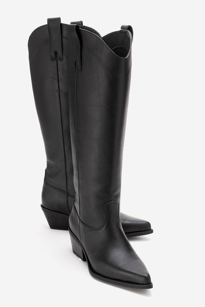 ANIA - Black Genuine Leather Block Heel Knee-High Boot (Women)