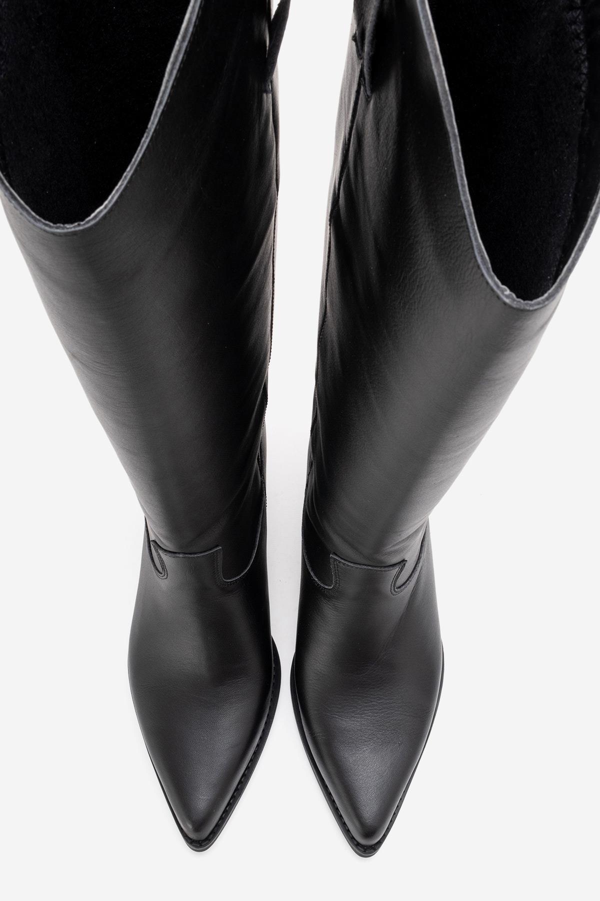 ANIA - Black Genuine Leather Block Heel Knee-High Boot (Women)