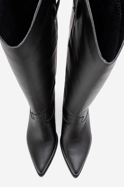 ANIA - Black Genuine Leather Block Heel Knee-High Boot (Women)