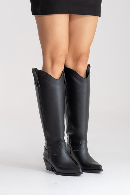 ANIA - Black Genuine Leather Block Heel Knee-High Boot (Women)