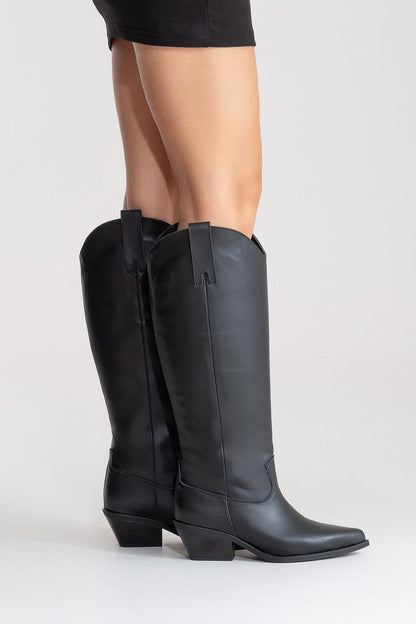 ANIA - Black Genuine Leather Block Heel Knee-High Boot (Women)