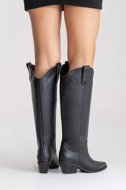 ANIA - Black Genuine Leather Block Heel Knee-High Boot (Women)