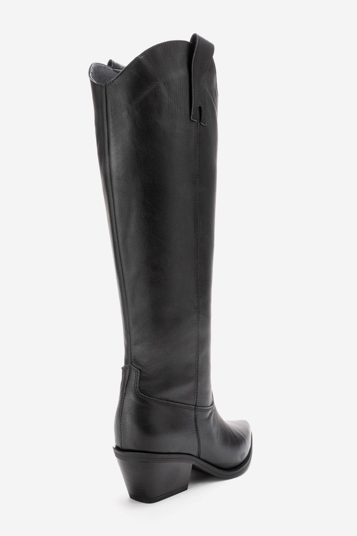 ANIA - Black Genuine Leather Block Heel Knee-High Boot (Women)