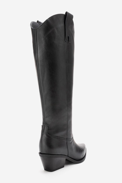 ANIA - Black Genuine Leather Block Heel Knee-High Boot (Women)