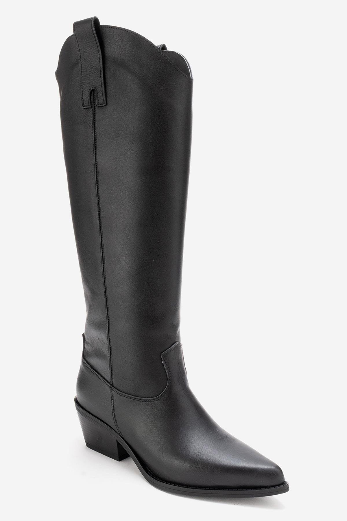 ANIA - Black Genuine Leather Block Heel Knee-High Boot (Women)