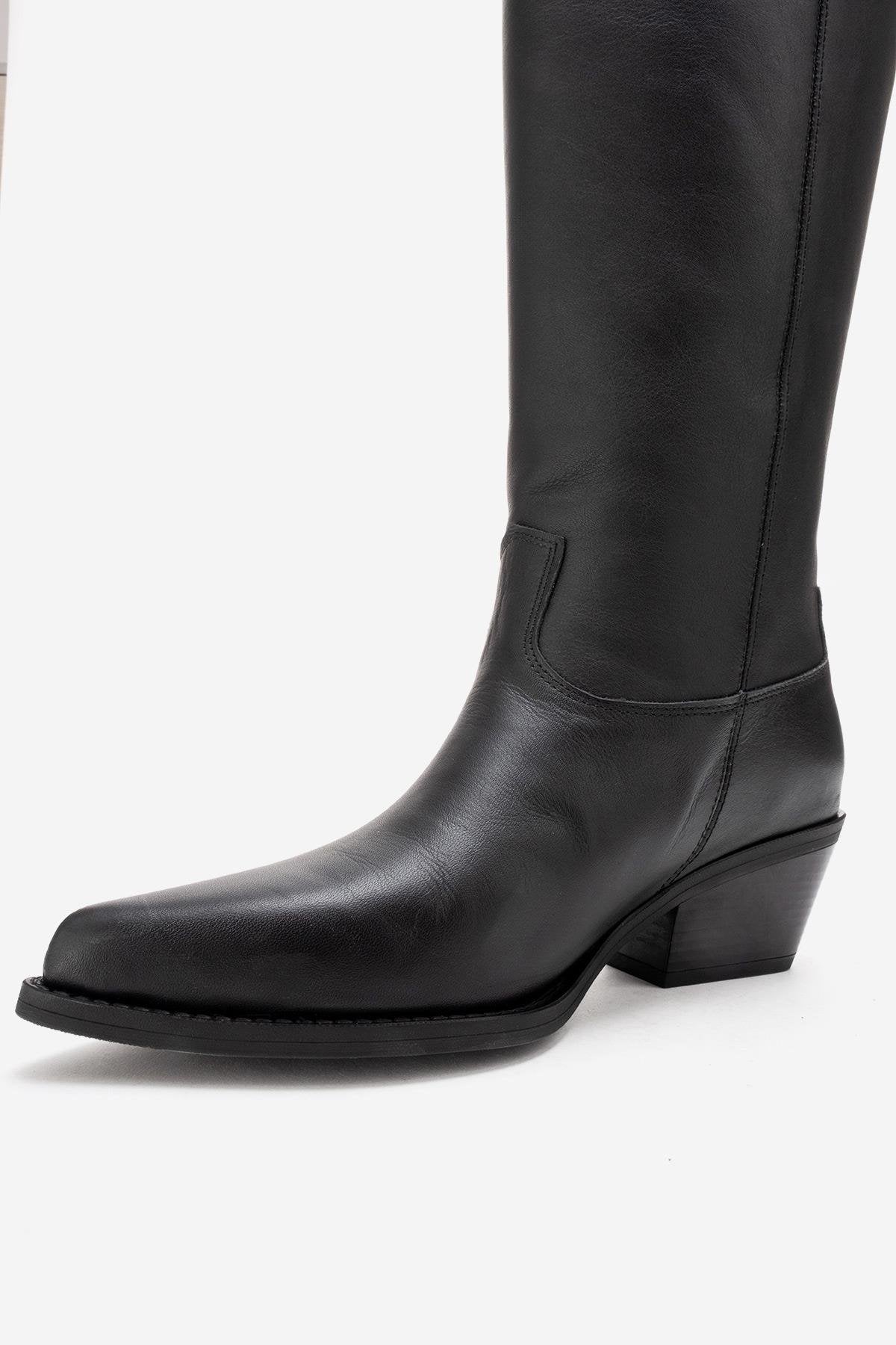ANIA - Black Genuine Leather Block Heel Knee-High Boot (Women)