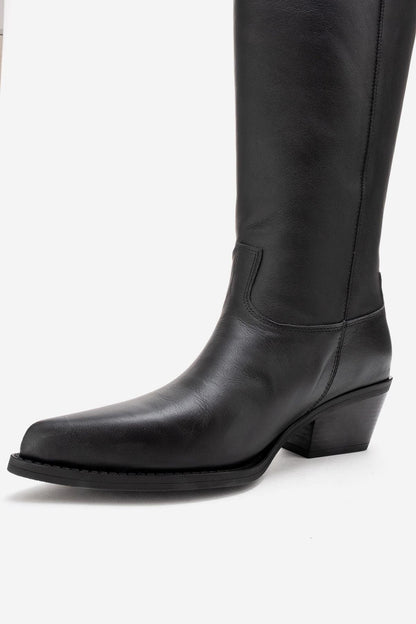 ANIA - Black Genuine Leather Block Heel Knee-High Boot (Women)