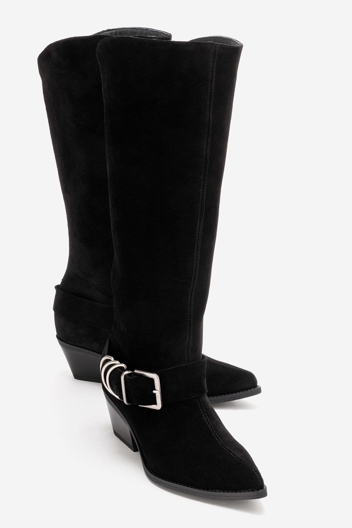 HELIOS - Black Genuine Leather Block Heel Knee-High Western Boot (Women)