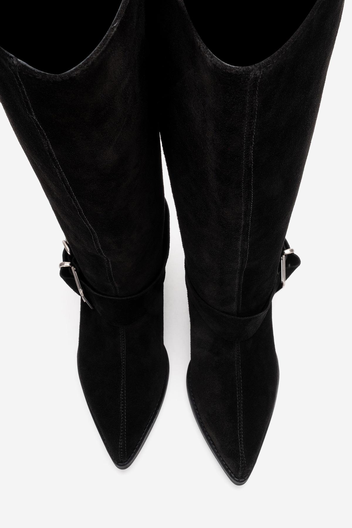 HELIOS - Black Genuine Leather Block Heel Knee-High Western Boot (Women)