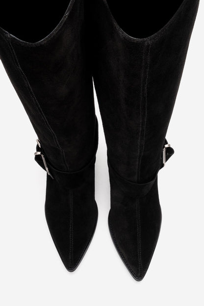 HELIOS - Black Genuine Leather Block Heel Knee-High Western Boot (Women)