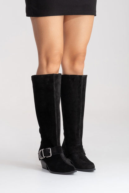 HELIOS - Black Genuine Leather Block Heel Knee-High Western Boot (Women)