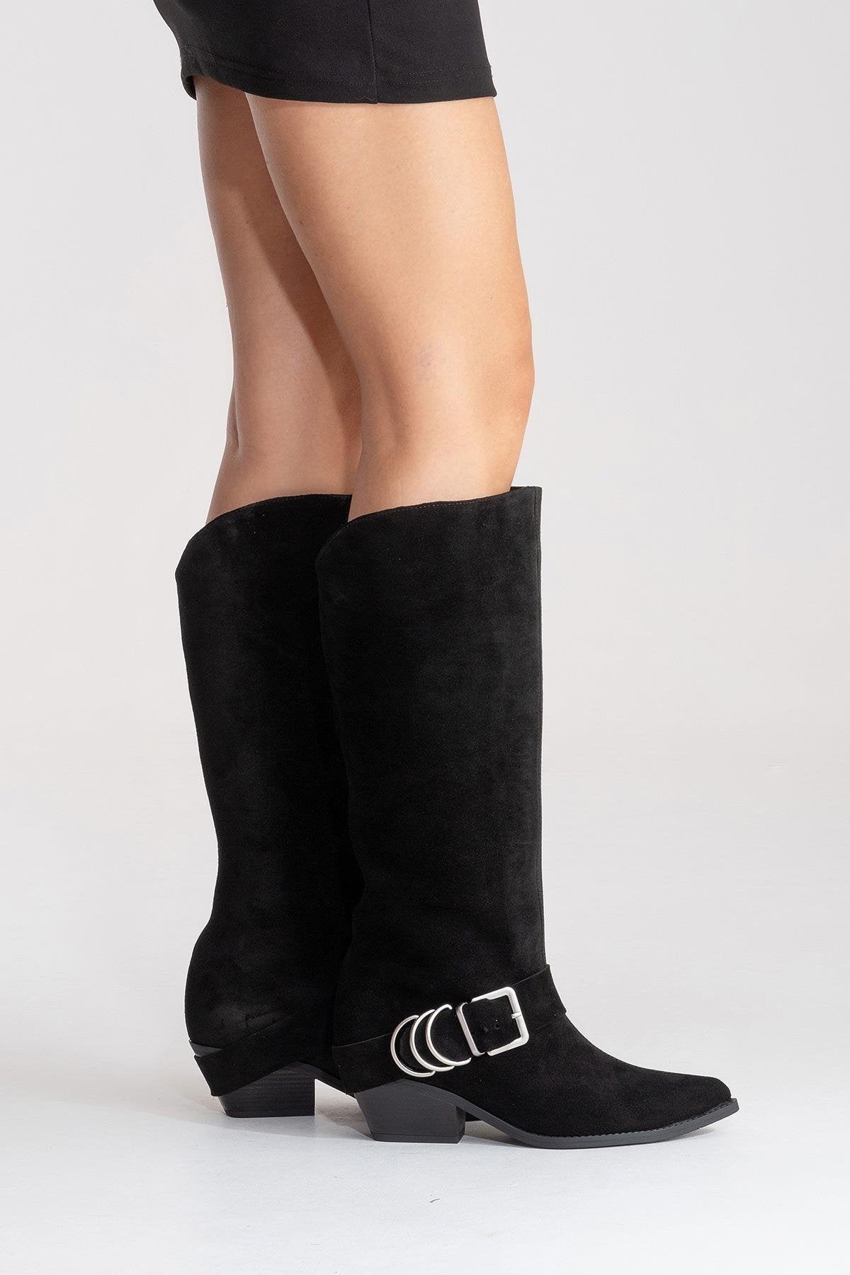 HELIOS - Black Genuine Leather Block Heel Knee-High Western Boot (Women)