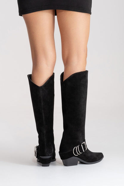 HELIOS - Black Genuine Leather Block Heel Knee-High Western Boot (Women)