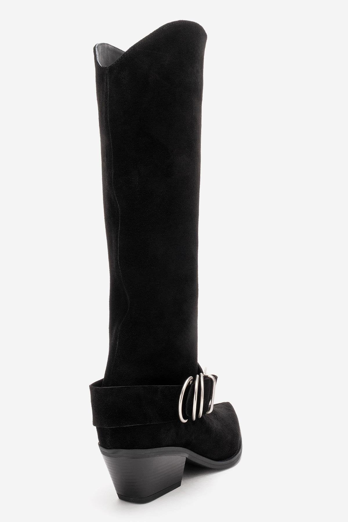 HELIOS - Black Genuine Leather Block Heel Knee-High Western Boot (Women)