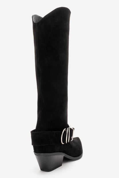 HELIOS - Black Genuine Leather Block Heel Knee-High Western Boot (Women)