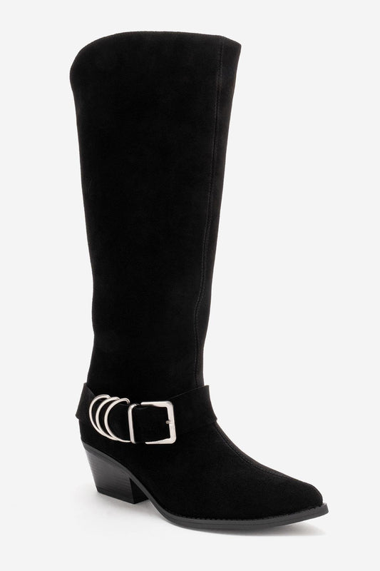 HELIOS - Black Genuine Leather Block Heel Knee-High Western Boot (Women)