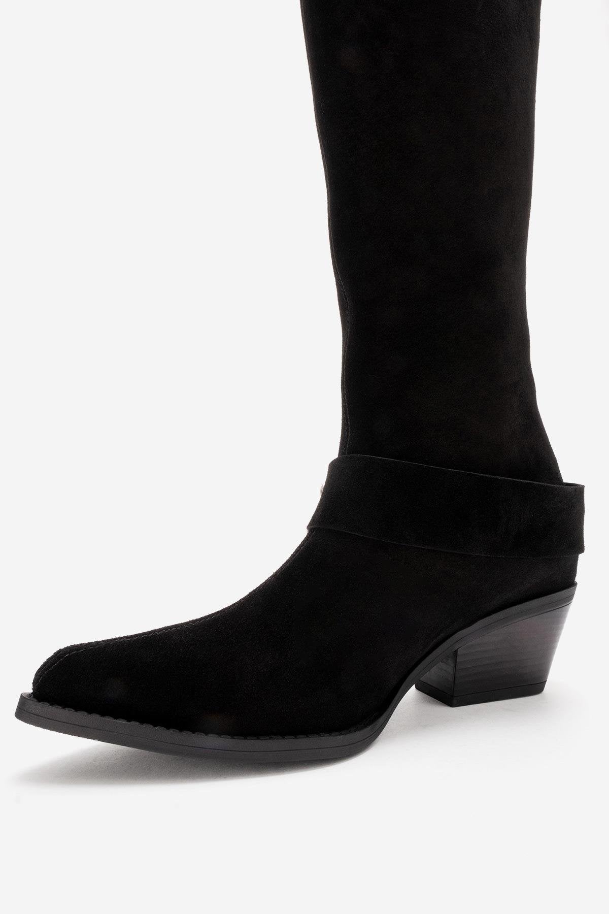 HELIOS - Black Genuine Leather Block Heel Knee-High Western Boot (Women)