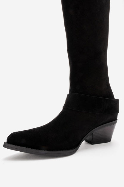 HELIOS - Black Genuine Leather Block Heel Knee-High Western Boot (Women)