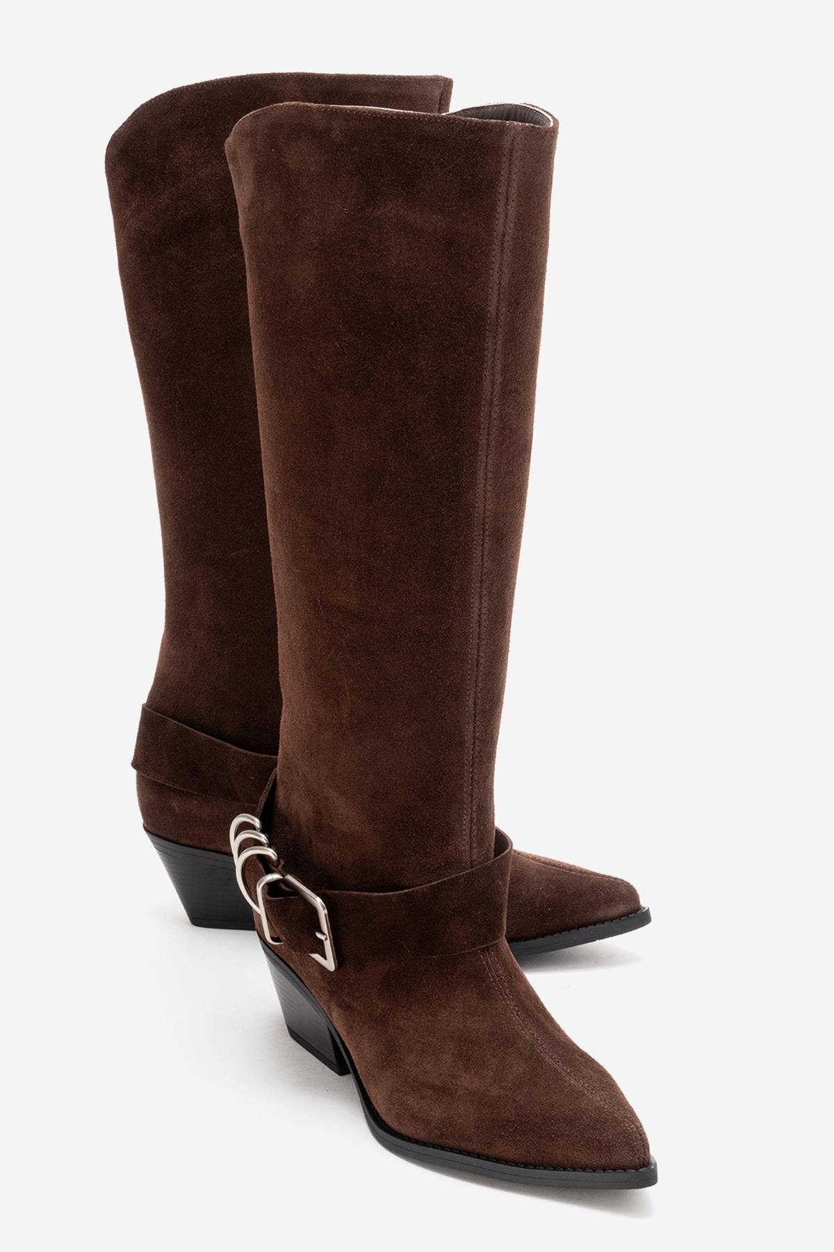 HELIOS - Brown Genuine Leather Block Heel Knee-High Western Boot (Women)