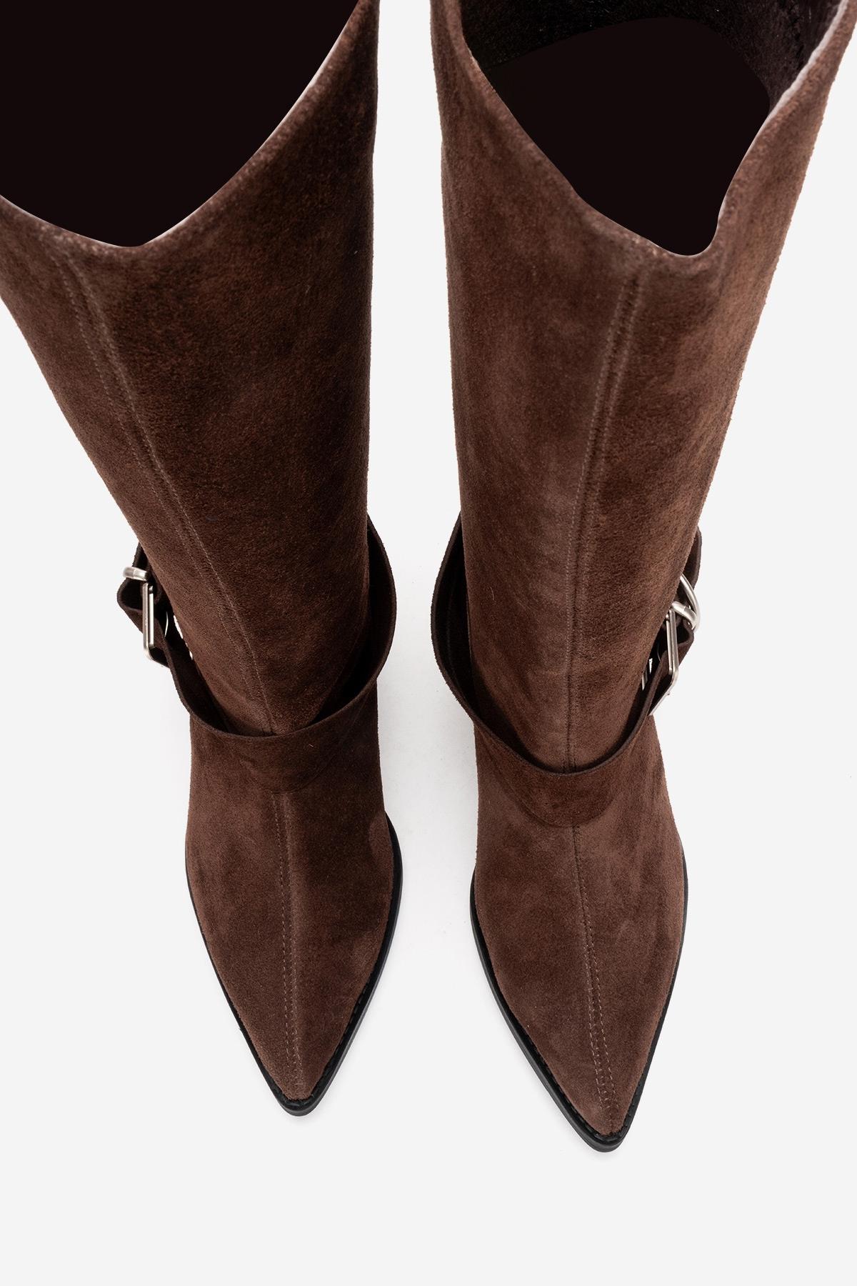 HELIOS - Brown Genuine Leather Block Heel Knee-High Western Boot (Women)
