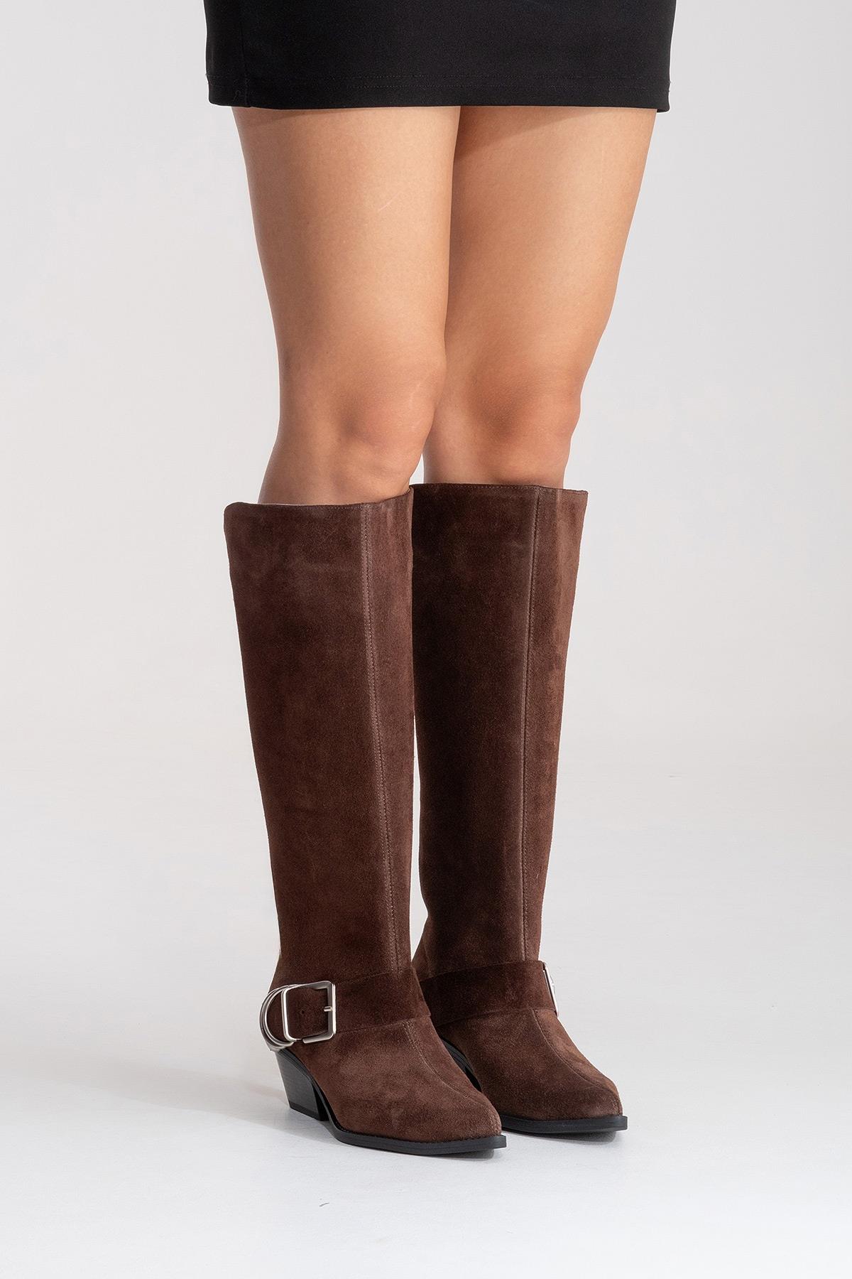 HELIOS - Brown Genuine Leather Block Heel Knee-High Western Boot (Women)
