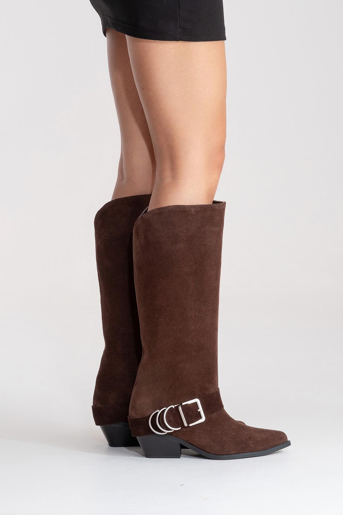 HELIOS - Brown Genuine Leather Block Heel Knee-High Western Boot (Women)