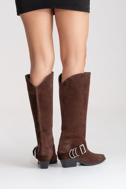 HELIOS - Brown Genuine Leather Block Heel Knee-High Western Boot (Women)