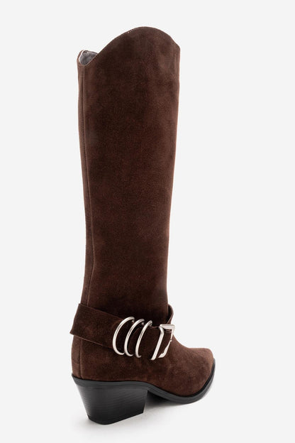 HELIOS - Brown Genuine Leather Block Heel Knee-High Western Boot (Women)