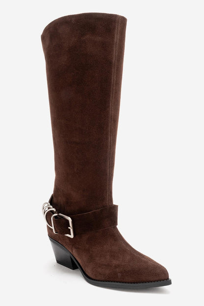 HELIOS - Brown Genuine Leather Block Heel Knee-High Western Boot (Women)