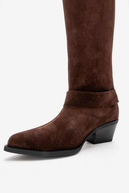 HELIOS - Brown Genuine Leather Block Heel Knee-High Western Boot (Women)