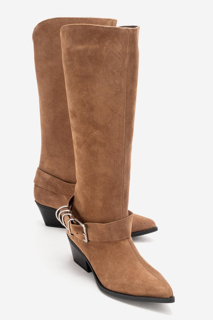 HELIOS - Bota Vaquera de Rodilla con Tacón Bloque de Piel Genuina Color Topo (Mujer)